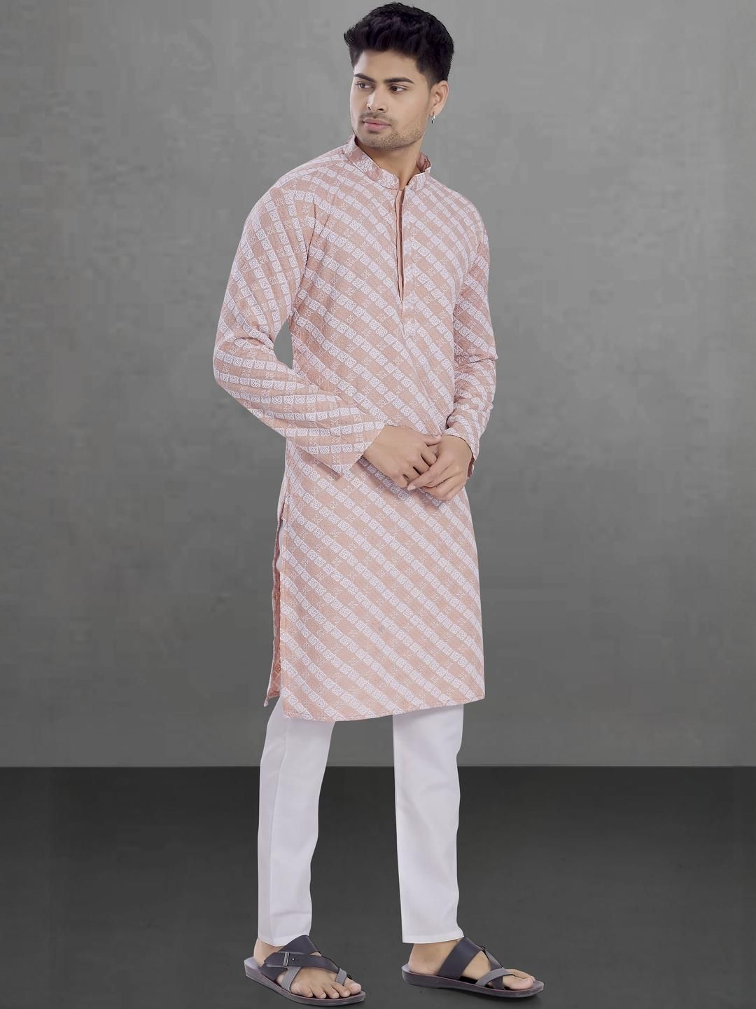 Pulseiq Men Checked Embroidered Festive Cotton Straight Kurta-picture-15