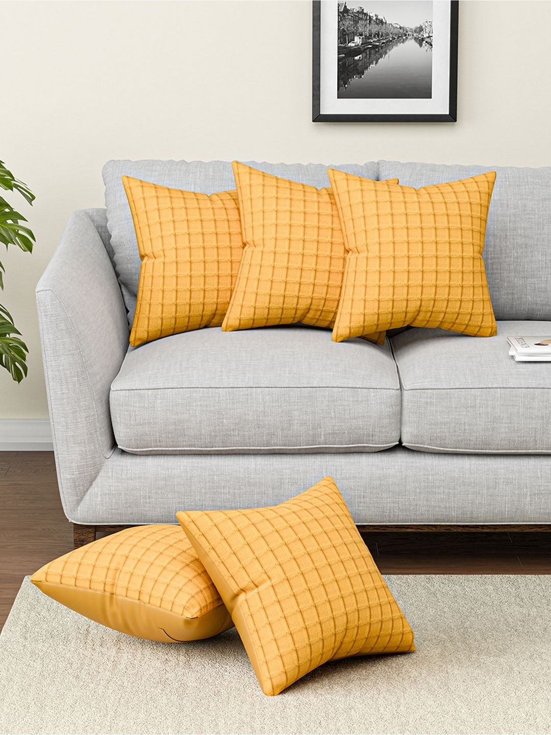 Aura Mustard 5 Pieces Square Cushion Covers-picture-41