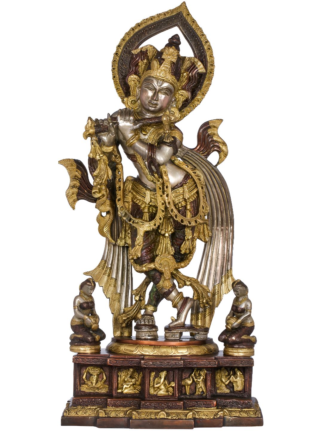 Exotic India Brown & Silver Toned Lord Krishna Religious Brass Idol Showpiece-image-12