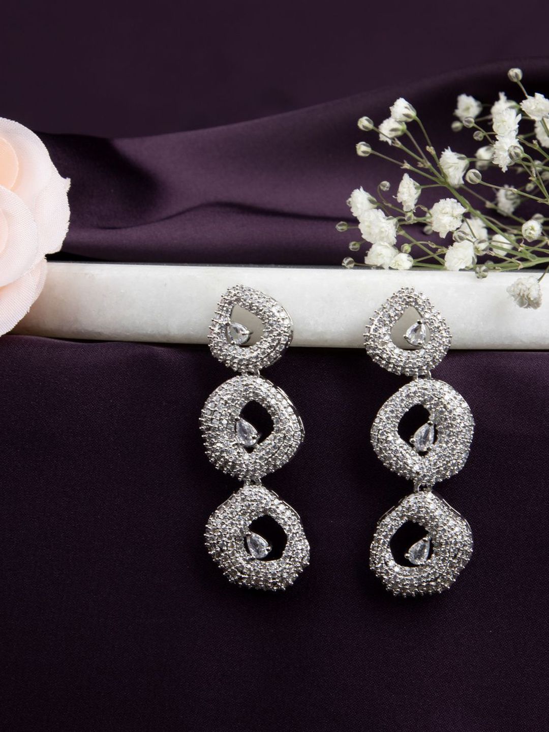 LA FILLE D'OR Silver-Plated Cubic Zirconia Studded Contemporary Drop Earrings-picture-17