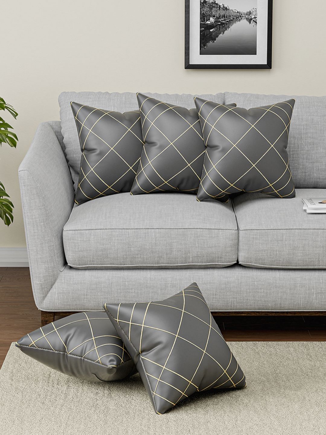 Aura Grey & Gold-Toned 5 Pieces Square Cushion Covers-picture-36