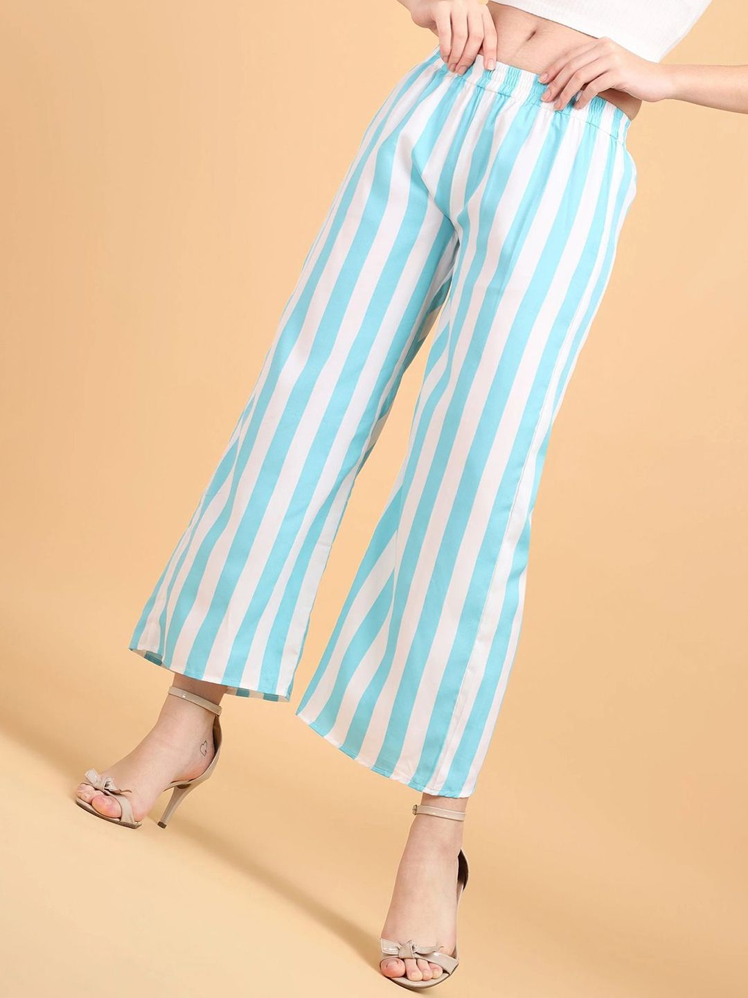 Popwings Women Striped Smart Loose Fit Mid-Rise Easy Wash Trousers-picture-13