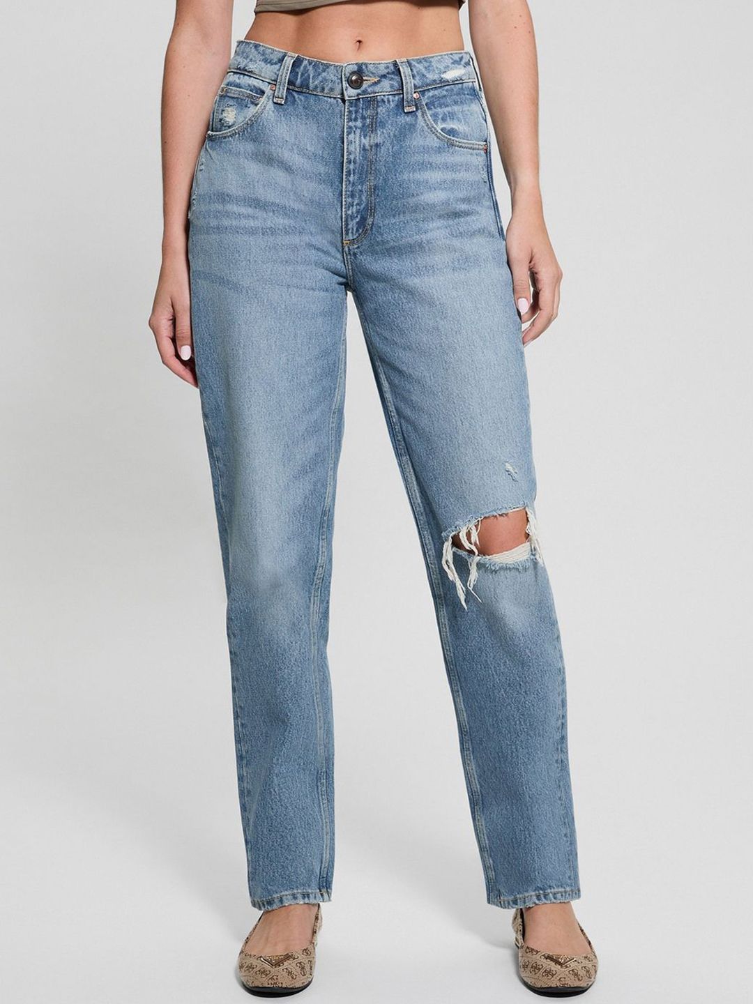 GUESS Women Straight Fit Mid-Rise Highly Distressed Light Fade Non Stretchable Jeans-image-4