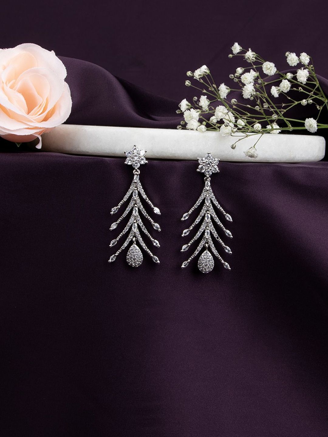 LA FILLE D'OR Silver-Plated Cubic Zirconia Studded Contemporary Drop Earrings-picture-15