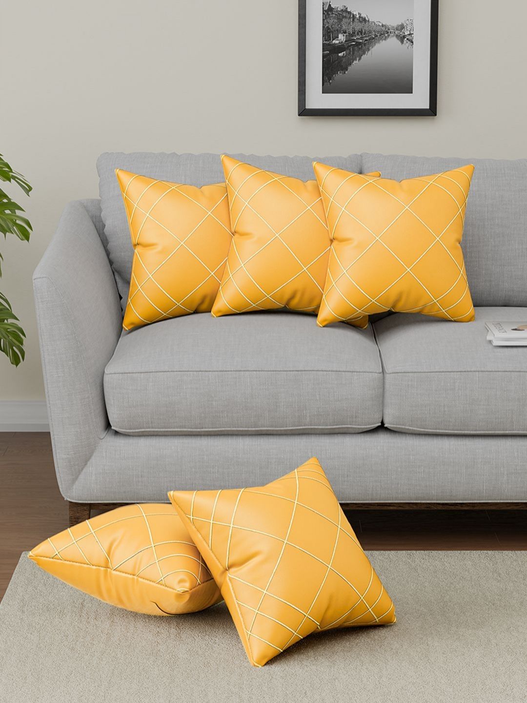 Aura Yellow & Gold-Toned 5 Pieces Square Cushion Covers-picture-36