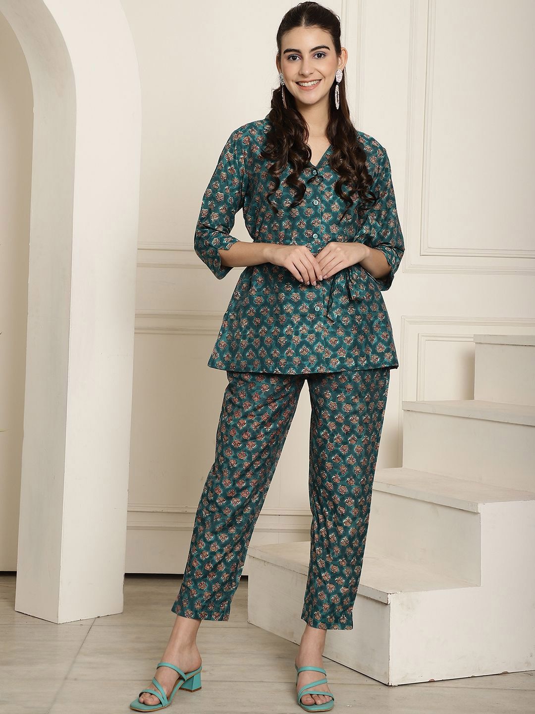 Aawari Chanderi Printed Pure Silk Shirt Collar-Neck Top With Trousers Co-ords-picture-18