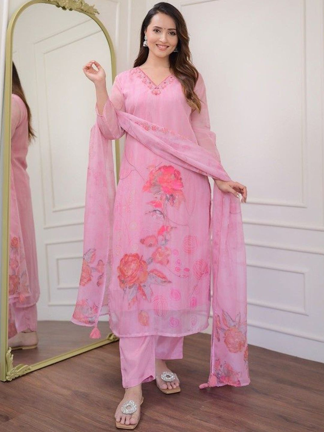 Moda Rapido Floral Printed V-Neck Organza Straight Kurta With Trousers & Dupatta