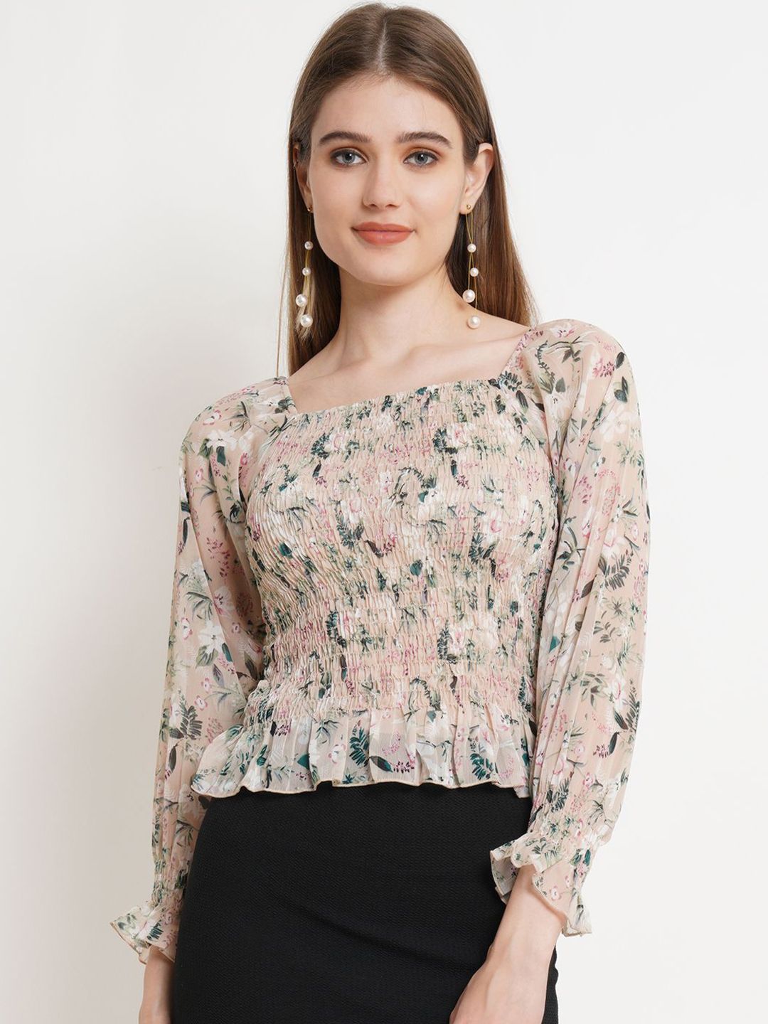 Popwings Women Floral Printed Smocked Crop Top-picture-26