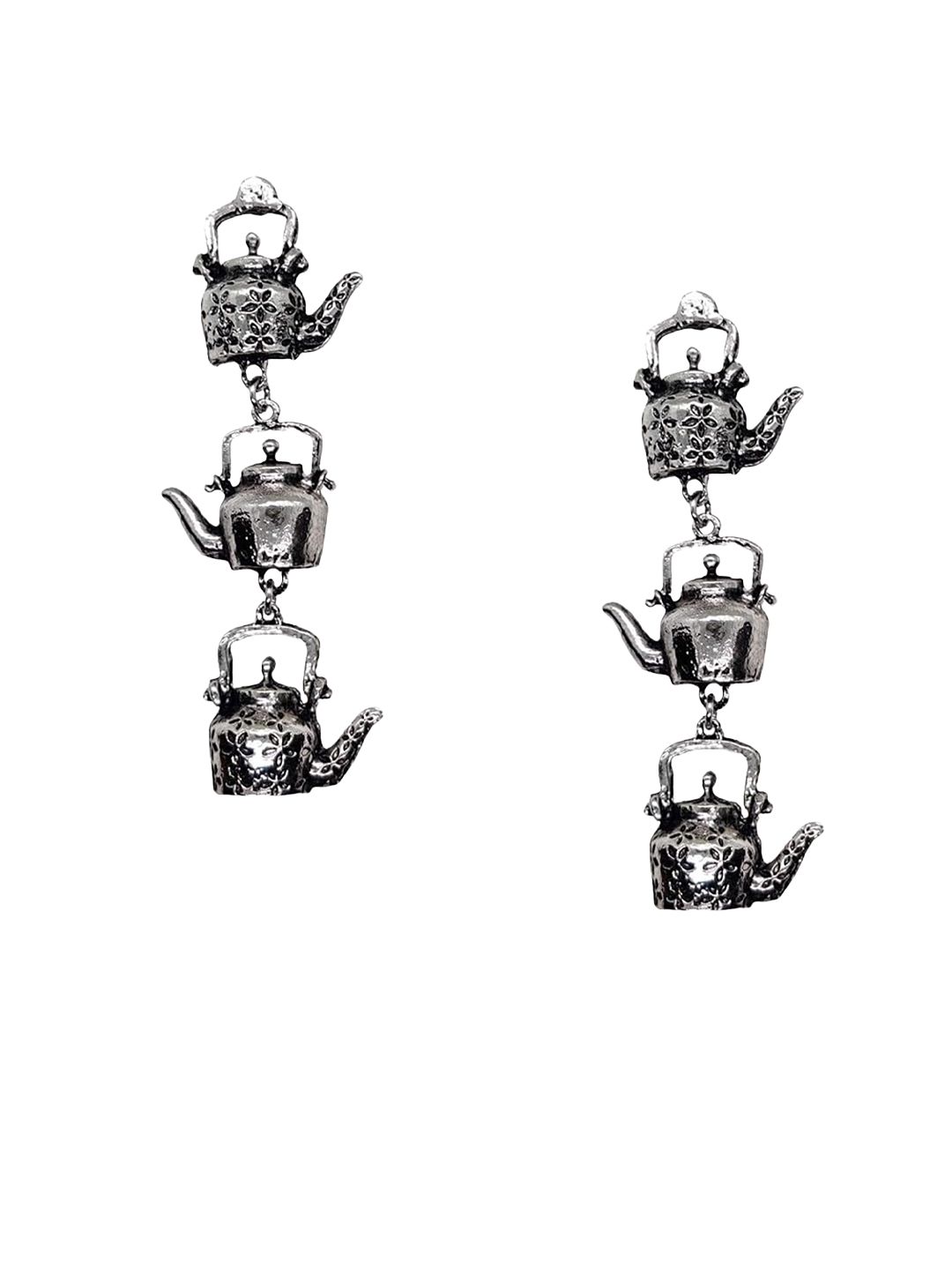 FURE Rhodium-Plated Tea Kettles Antique Oxidised Drop Earrings-picture-12