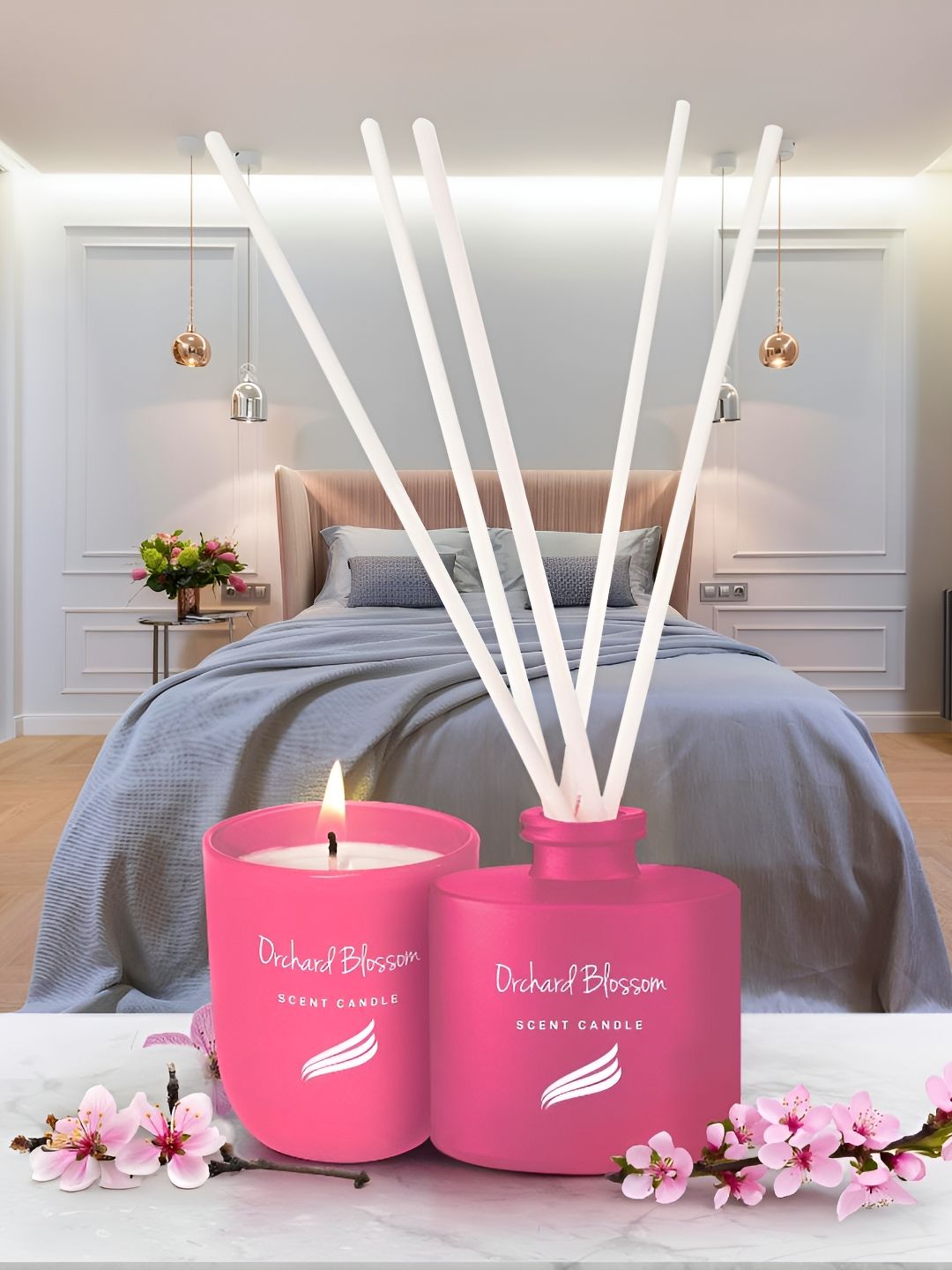 Pan Aromas Pink Orchard Blossom Reed Diffuser - 100 ml & Scented Candle - 150 g-picture-31