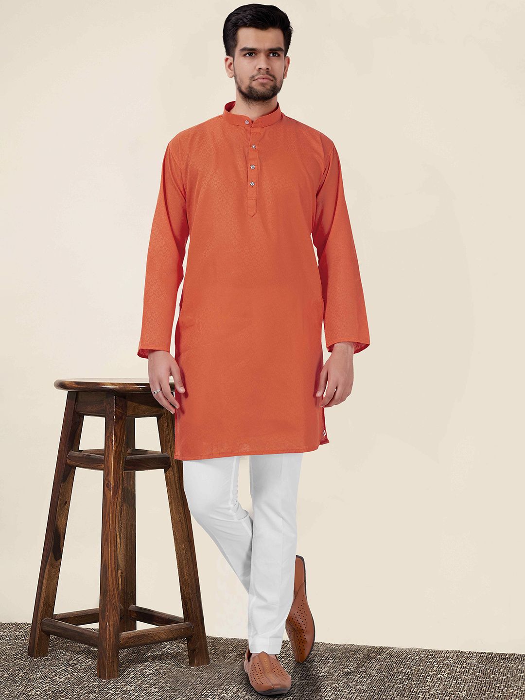 NEGRONI Geometric Woven Design Band Collar Pure Cotton Straight Kurta-picture-58