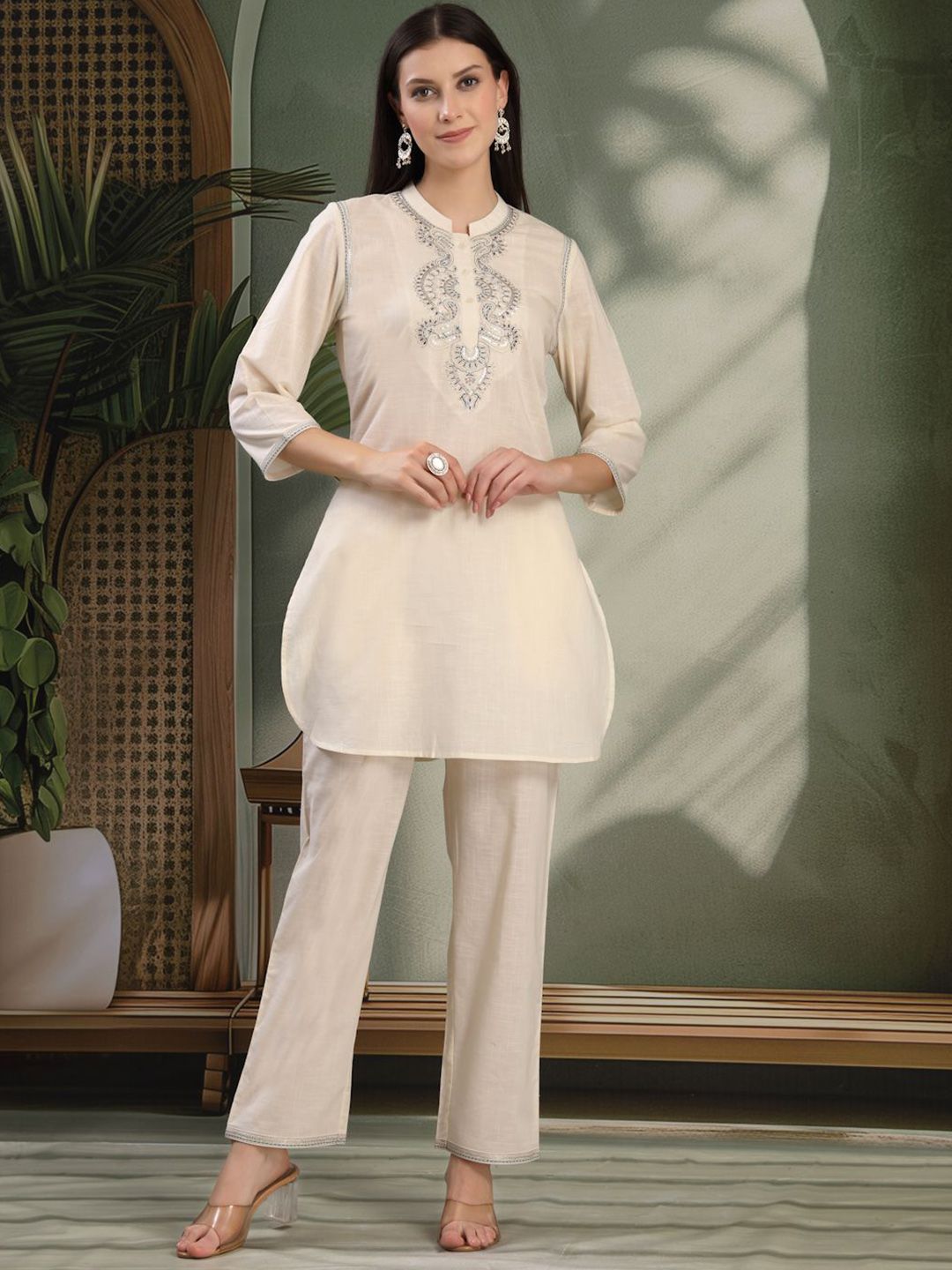 Nayam By Lakshita Women Ethnic Motifs Yoke Design Pure Cotton Kurti with Trousers