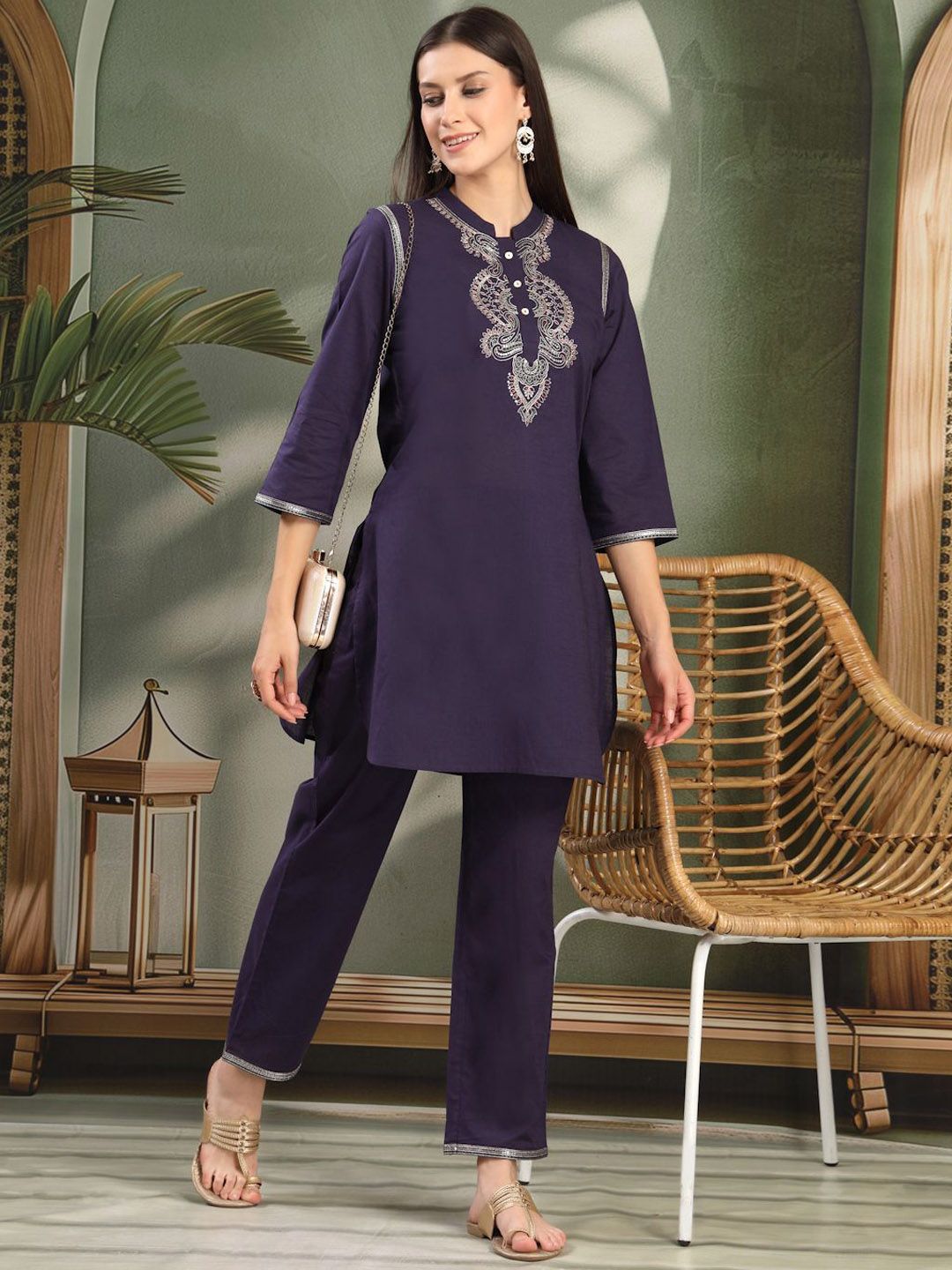 Nayam By Lakshita Women Solid Embroidered Straight Cotton Kurta & Palazzo Set