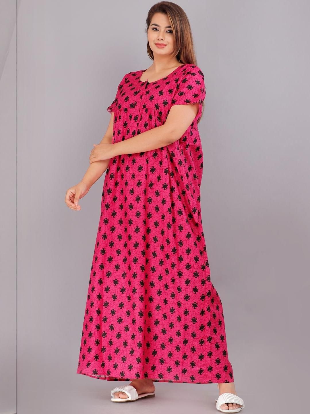 AAKARSHANA Pink Pure Cotton Maxi Printed Nightdress-picture-43