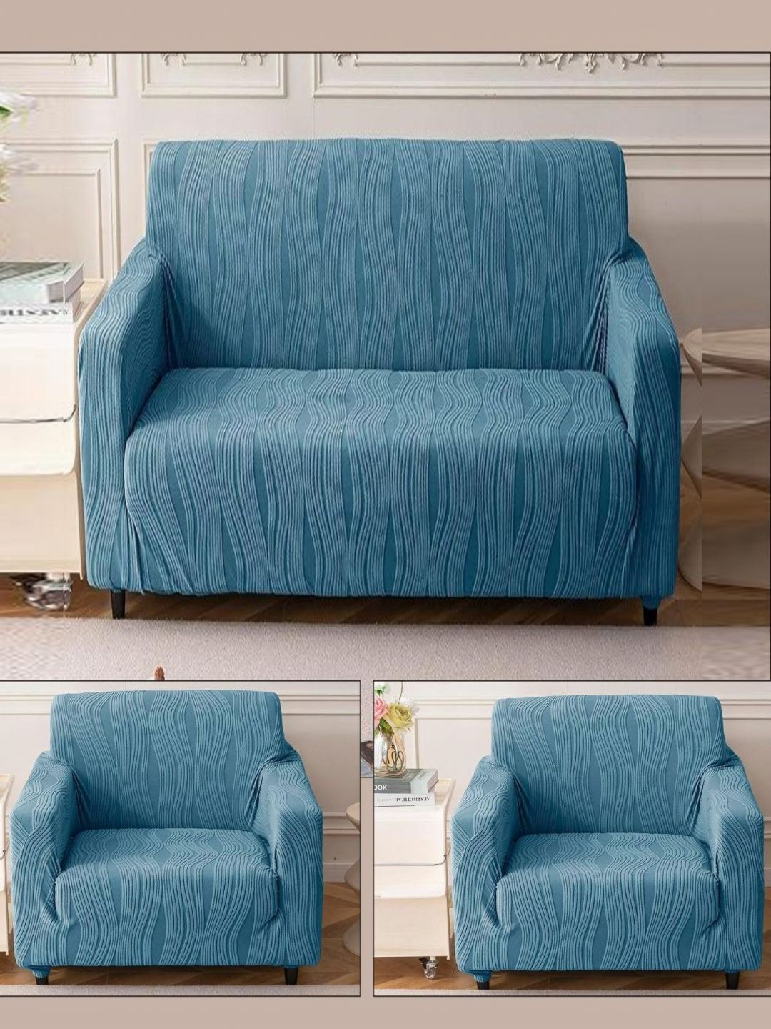 Stylista Blue Polyester Sofa Cover With Arms-picture-15