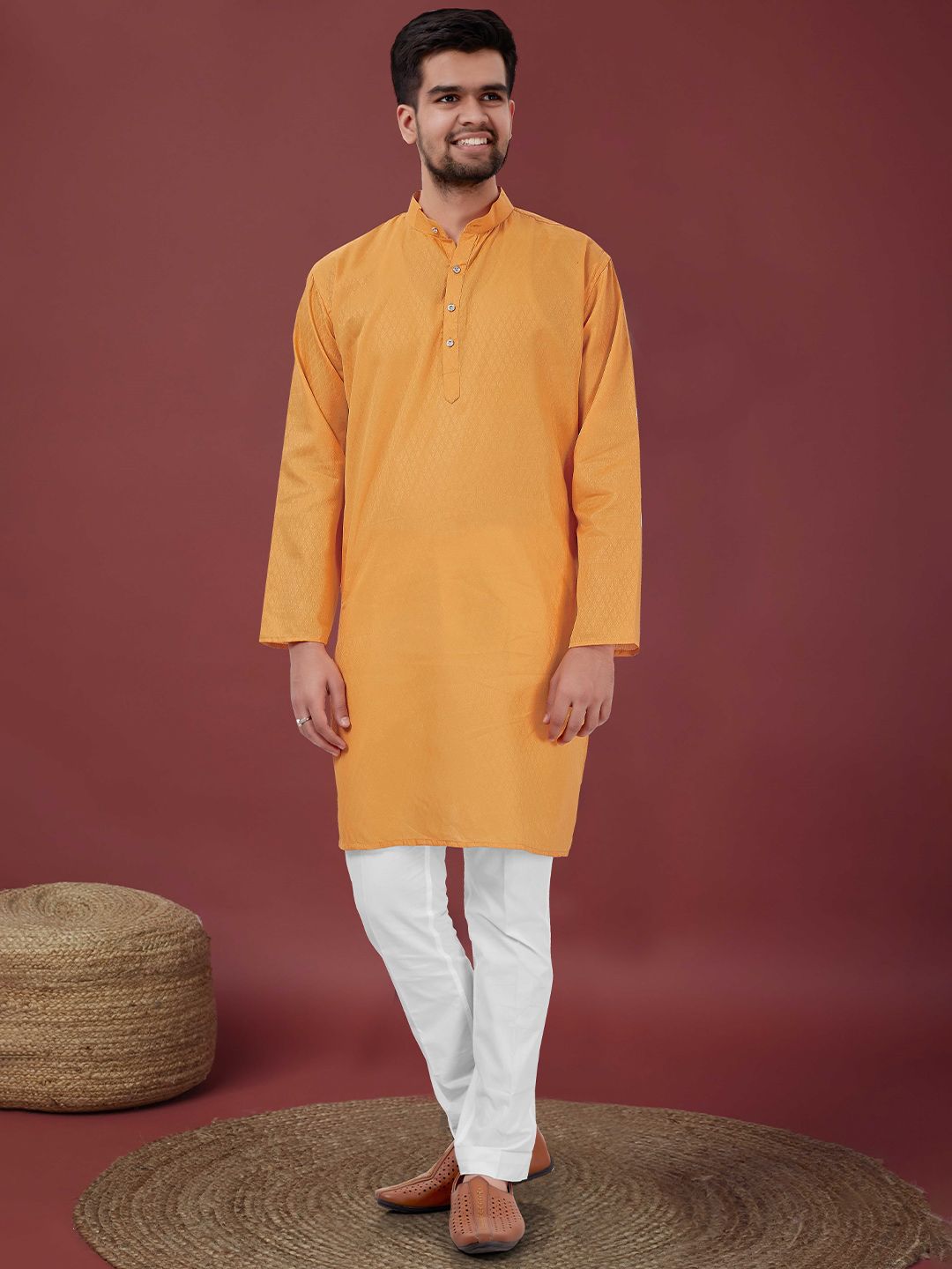 NEGRONI Geometric Woven Design Band Collar Pure Cotton Straight Kurta-picture-44