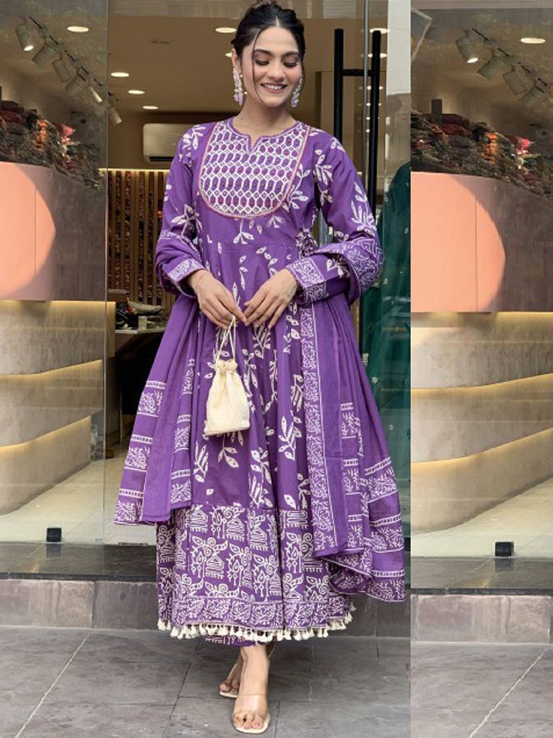 SRILICA Floral Printed Notch Neck Panelled Anarkali Kurta With Trousers & Dupatta