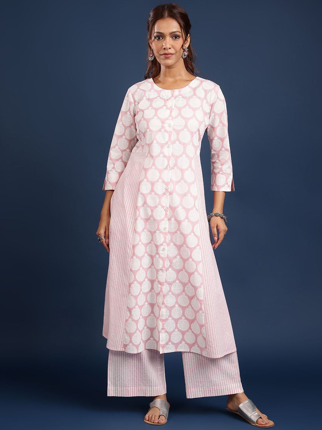 Taavi Women Geometric Hand Block Printed Pure Cotton A-Line Kurta & Trousers