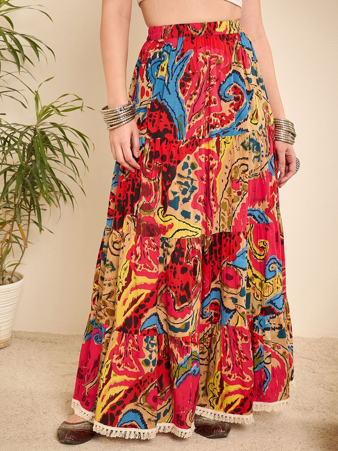 WineRed Abstract Printed Tiered Pure Cotton Maxi Skirt-image-25