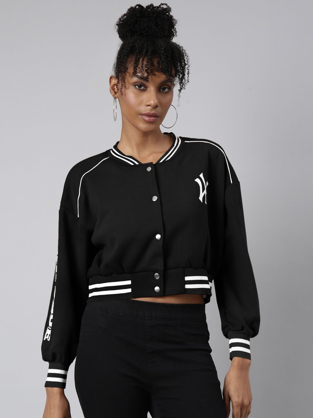 SHOWOFF Women Typography Windcheater Crop Varsity Jacket
