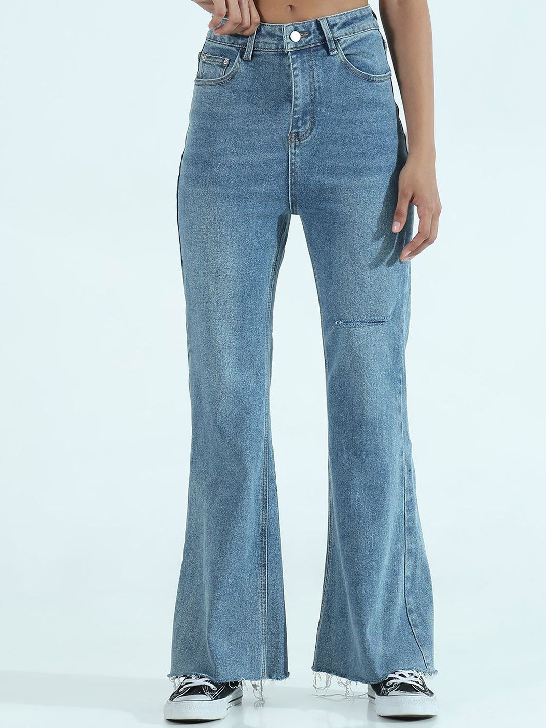 SHOWOFF Women Comfort Flared High-Rise Slash Knee Light Fade Stretchable Jeans-picture-16