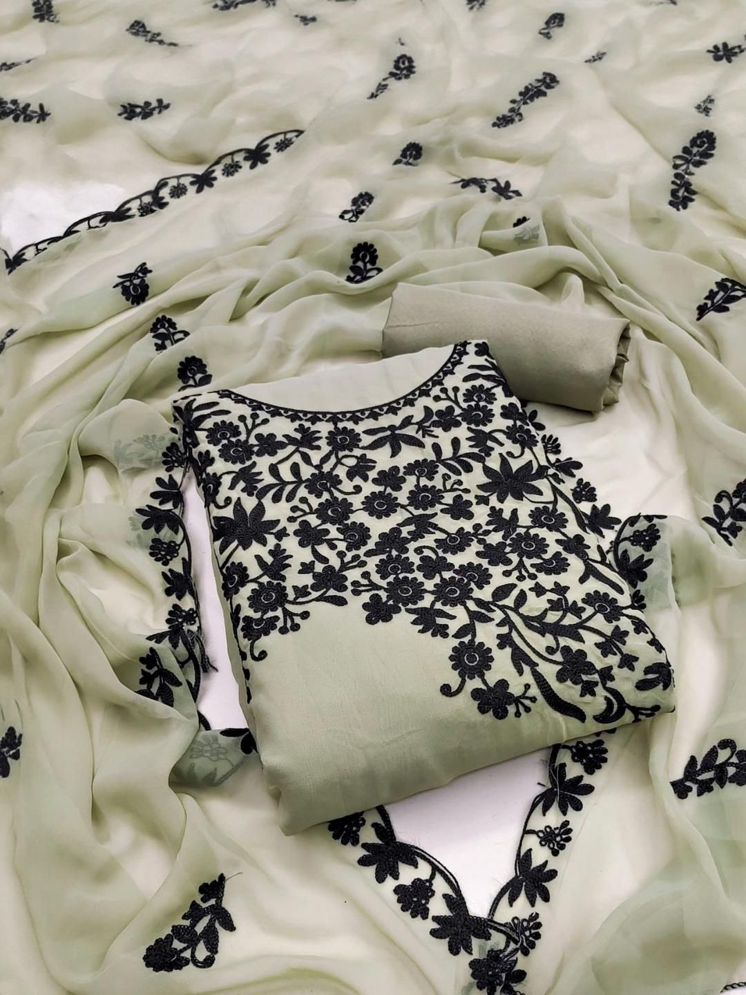 KALINI Green Georgette Multi Work Unstitched Dress Material