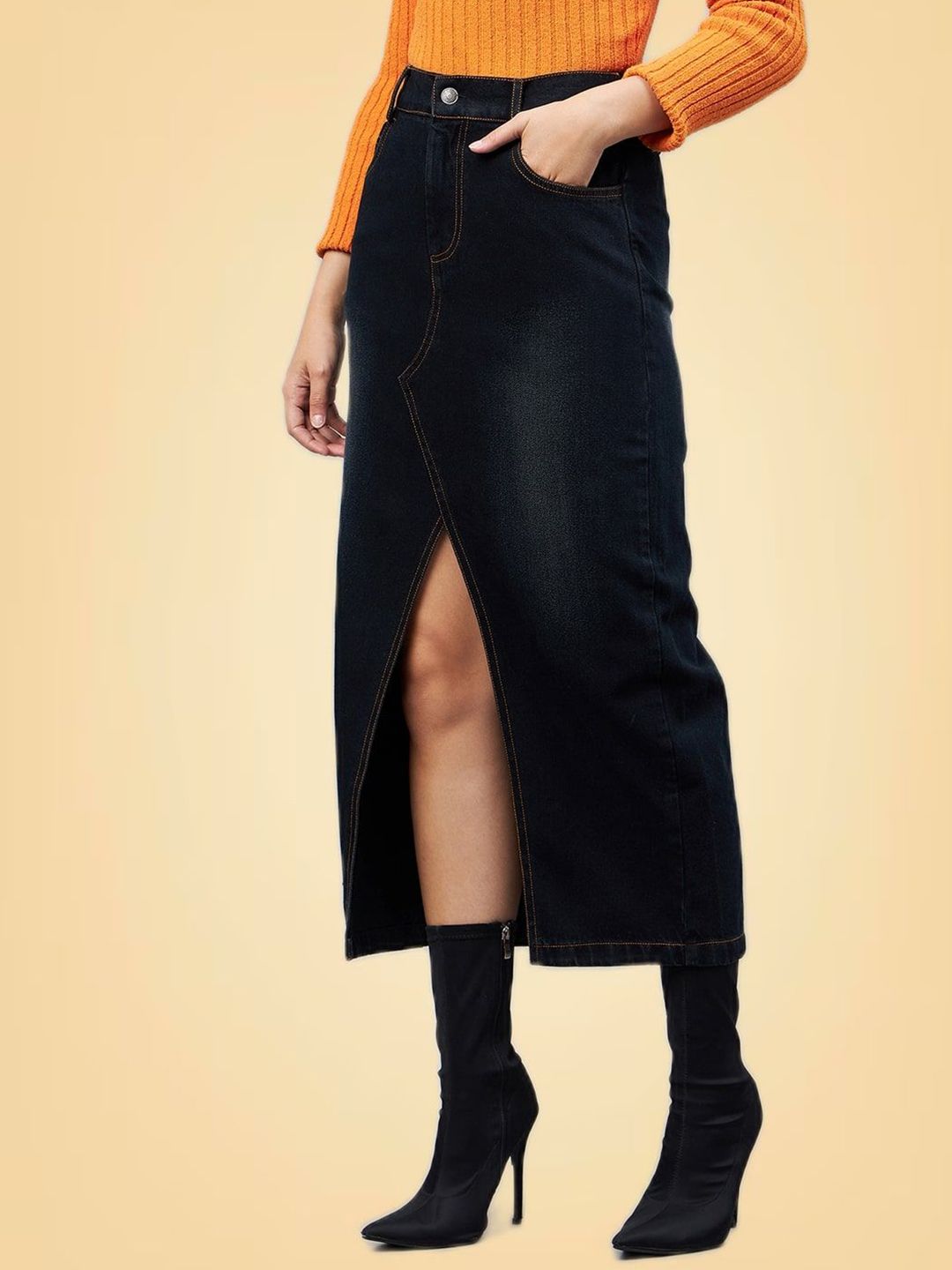 all about you Pure Cotton Front Slit Straight Midi Denim Skirt-picture-27