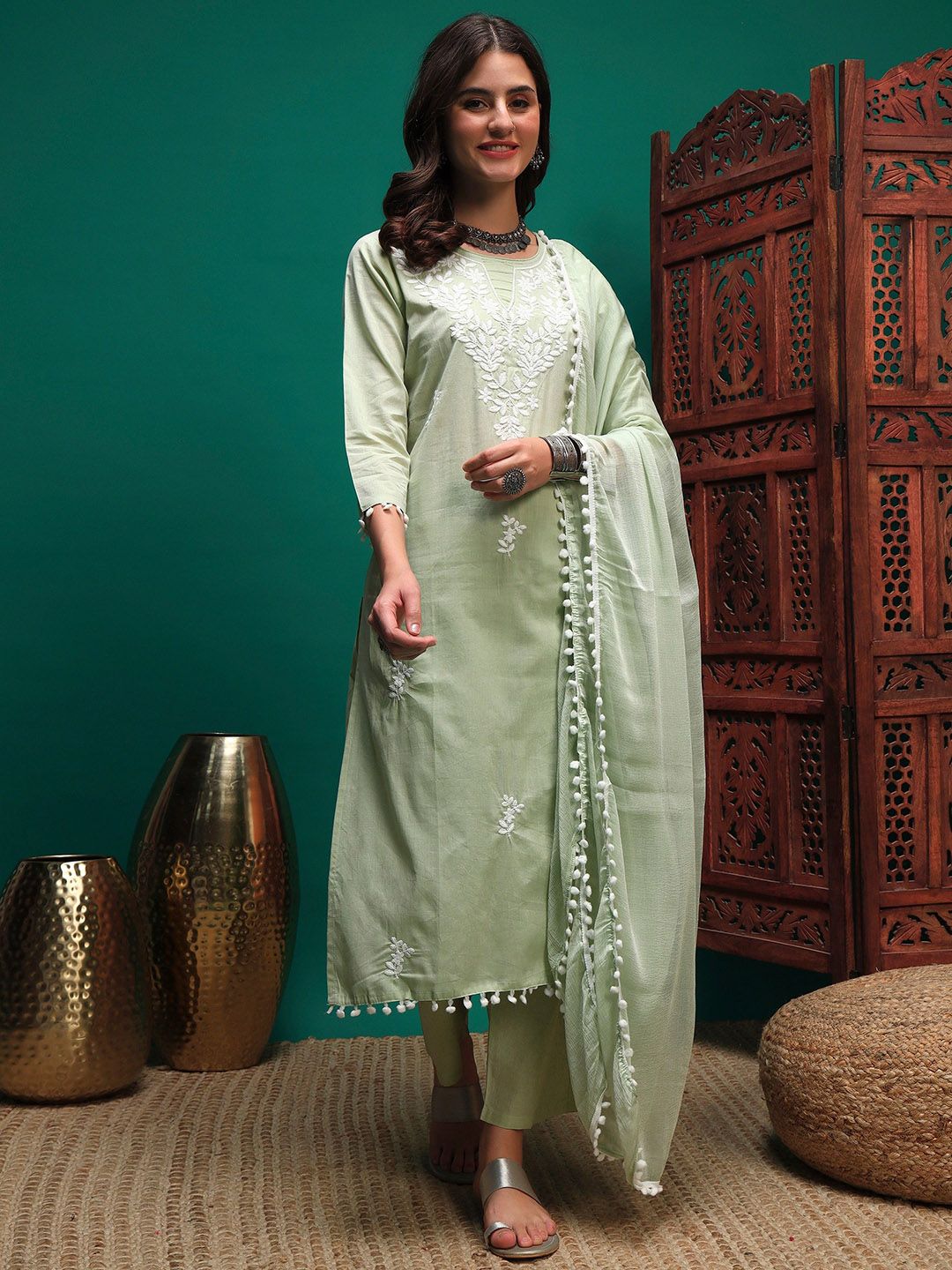 Sangria Floral Embroidered Pure Cotton Chikankari Straight Kurta & Trousers With Dupatta