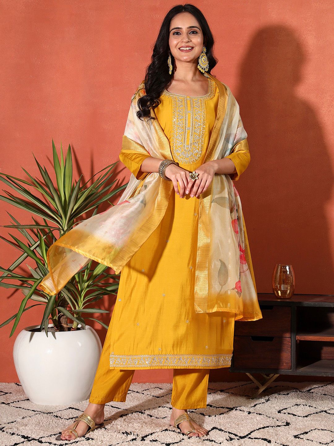 Sangria Floral Yoke Design Thread Work Straight Kurta With Trouser & Dupatta