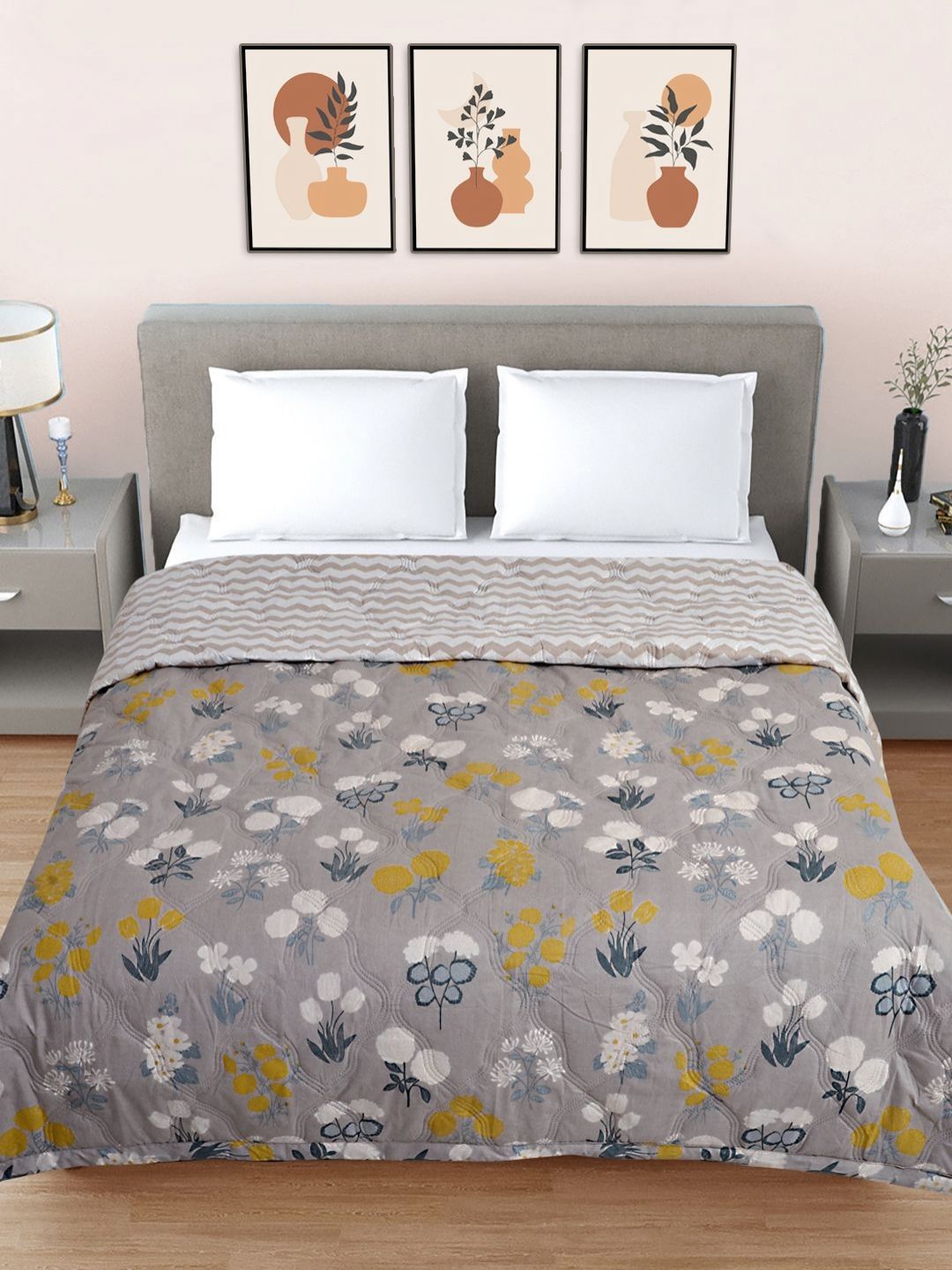 Myntra Elegant Homes Grey Printed AC Room 350 GSM Quilted Reversible Double Bed Comforter-picture-49