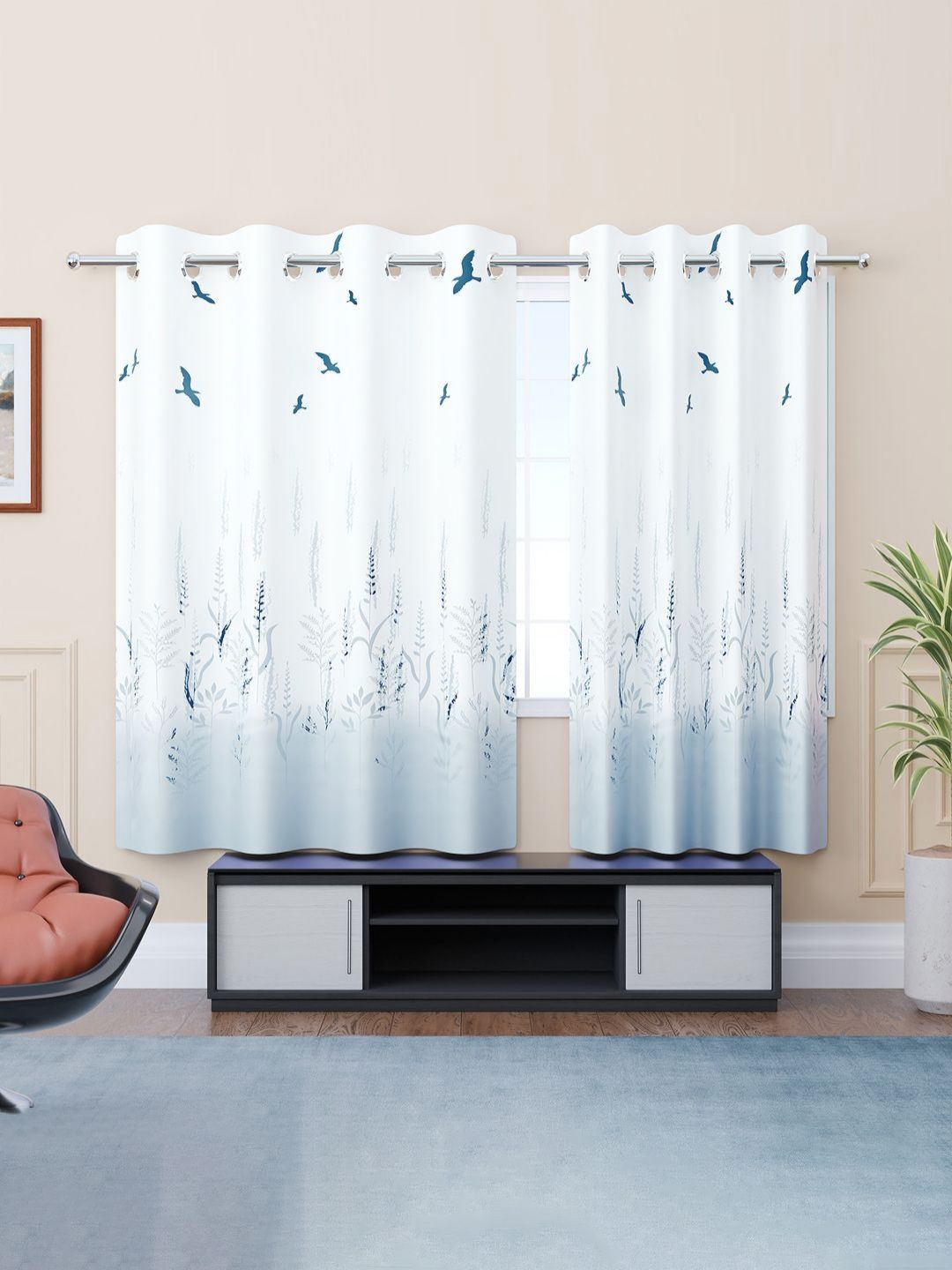 Aura White & Grey 2 Pieces Floral Room Darkening Window Curtain-image-15