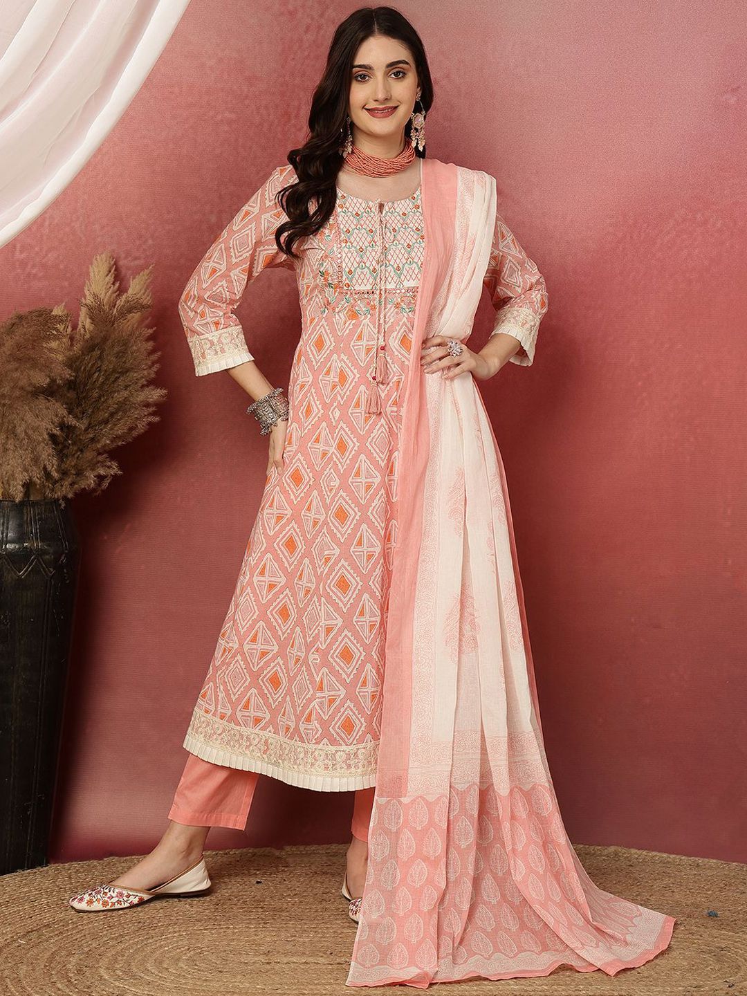 Anouk Geometric Printed Panelled Pure Cotton Anarkali Kurta With Trousers & Dupatta