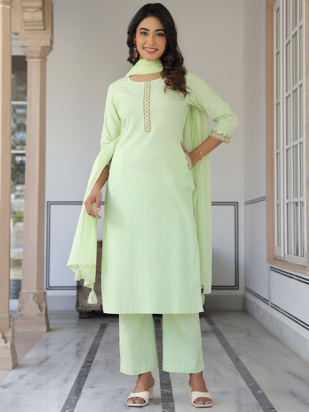 Janasya Women Light Green Linen Cotton Embellished Straight Kurta Set