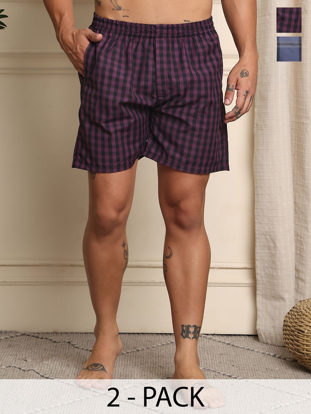 Mast & Harbour Pack Of 2 Checked Super Combed Cotton Boxers BOXCOM101-S-image-11