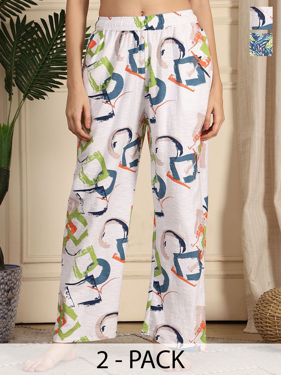 TAG 7 Women Pack Of 2 Printed Cotton Mid-Rise Lounge Pants-picture-33