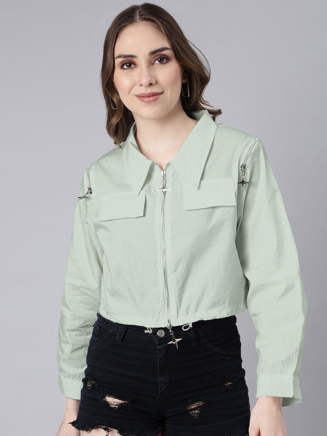 SHOWOFF Women Windcheater Spread Collar Crop Tailored Jacket
