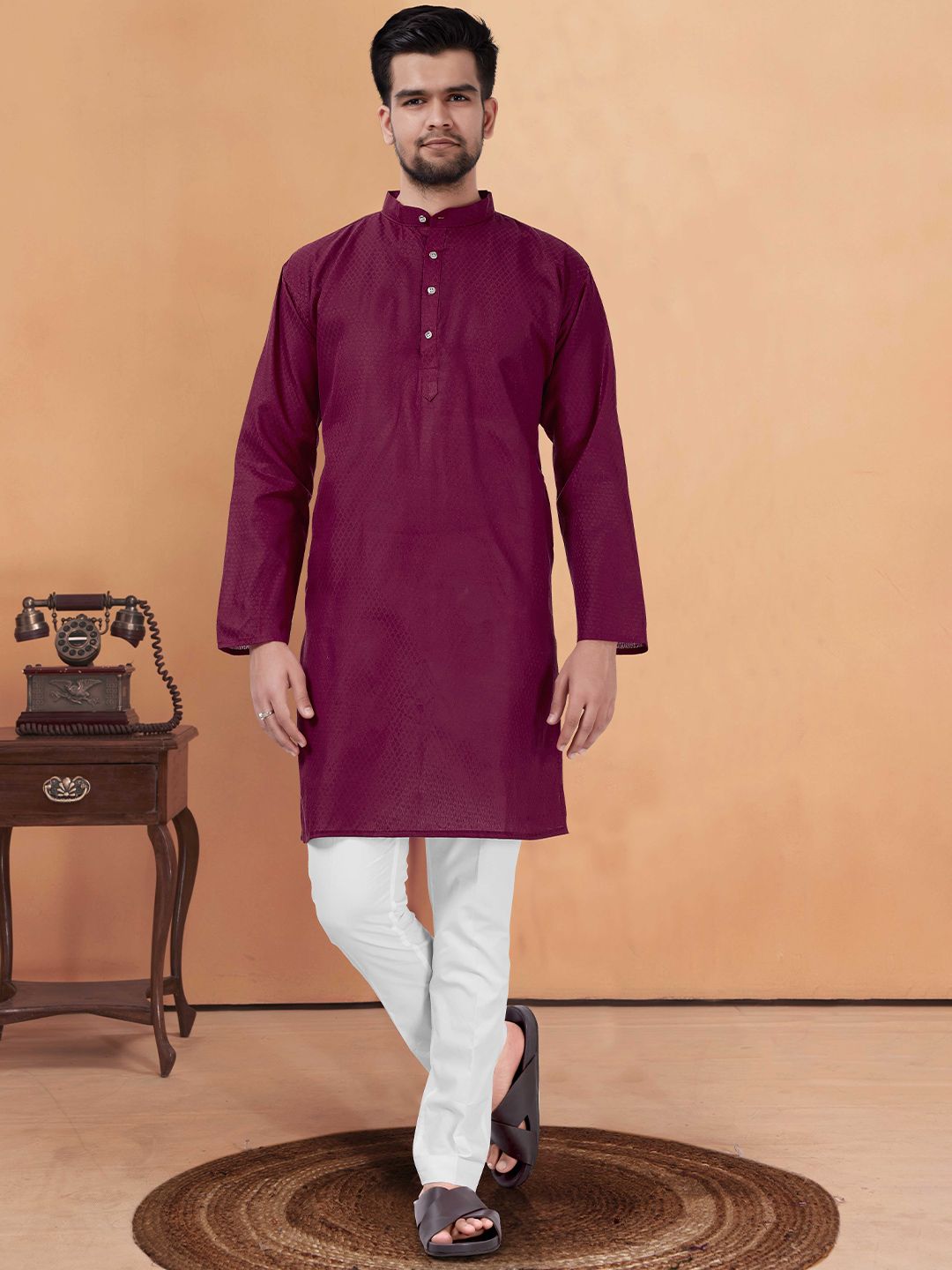 NEGRONI Geometric Woven Design Band Collar Pure Cotton Straight Kurta-picture-49