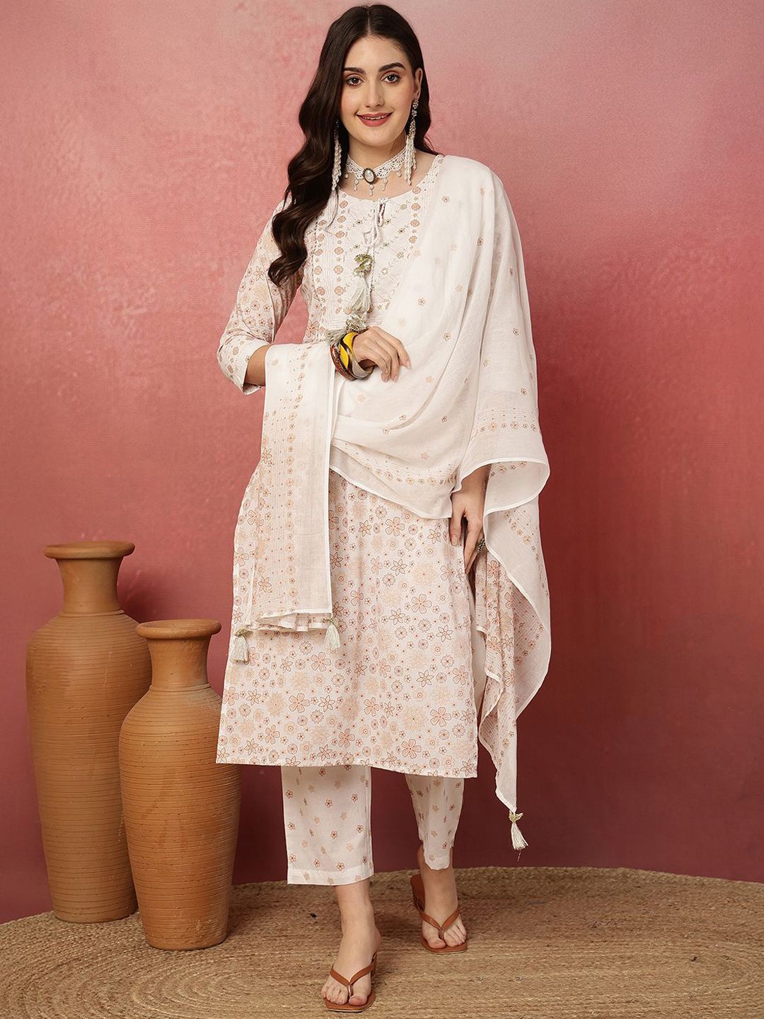 Anouk Women Floral Printed Regular Gotta Patti Pure Cotton Kurta with Trousers & Dupatta