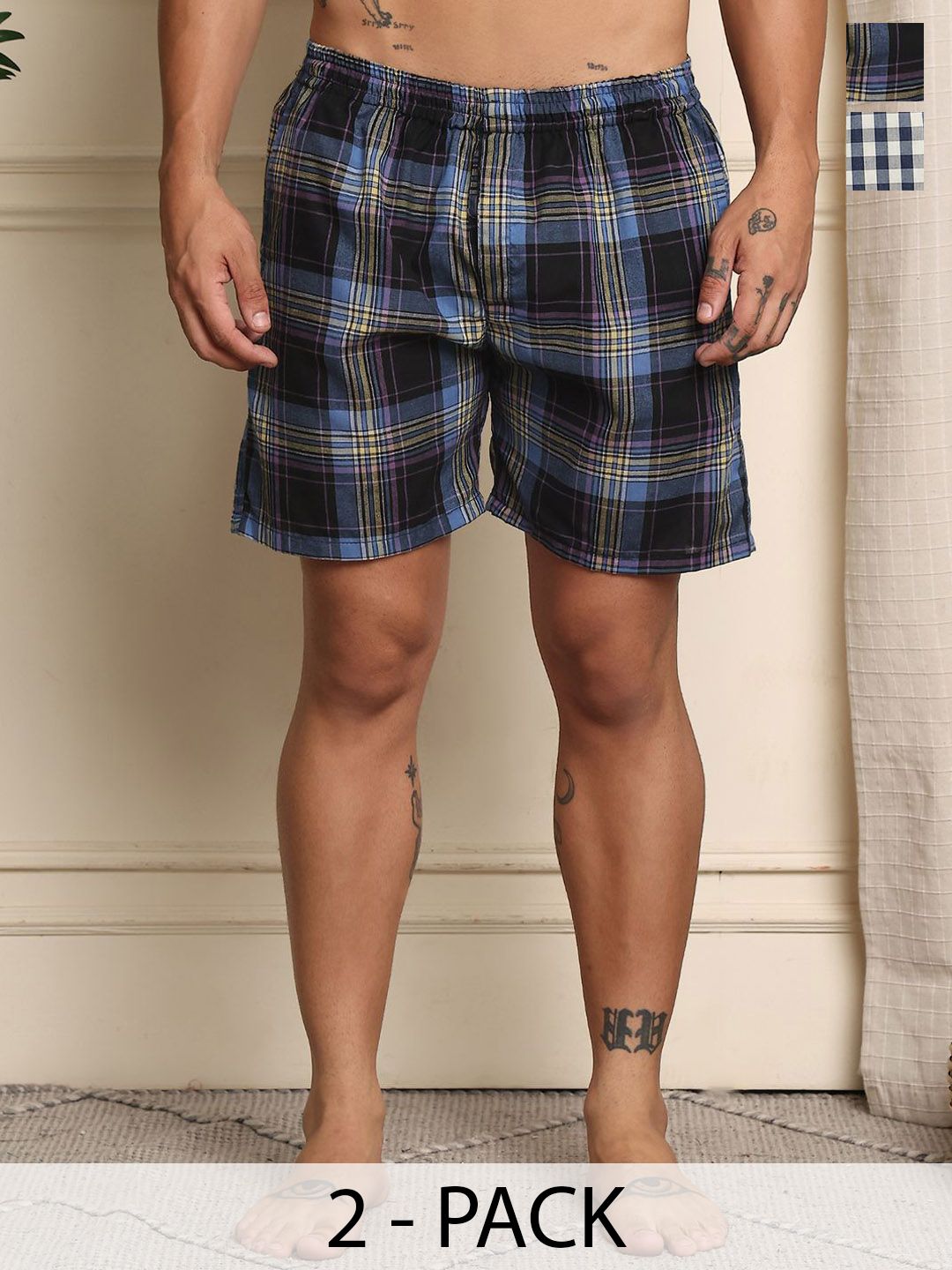 Mast & Harbour Pack Of 2 Checked Cotton Boxers BOXCOM63-S-image-32