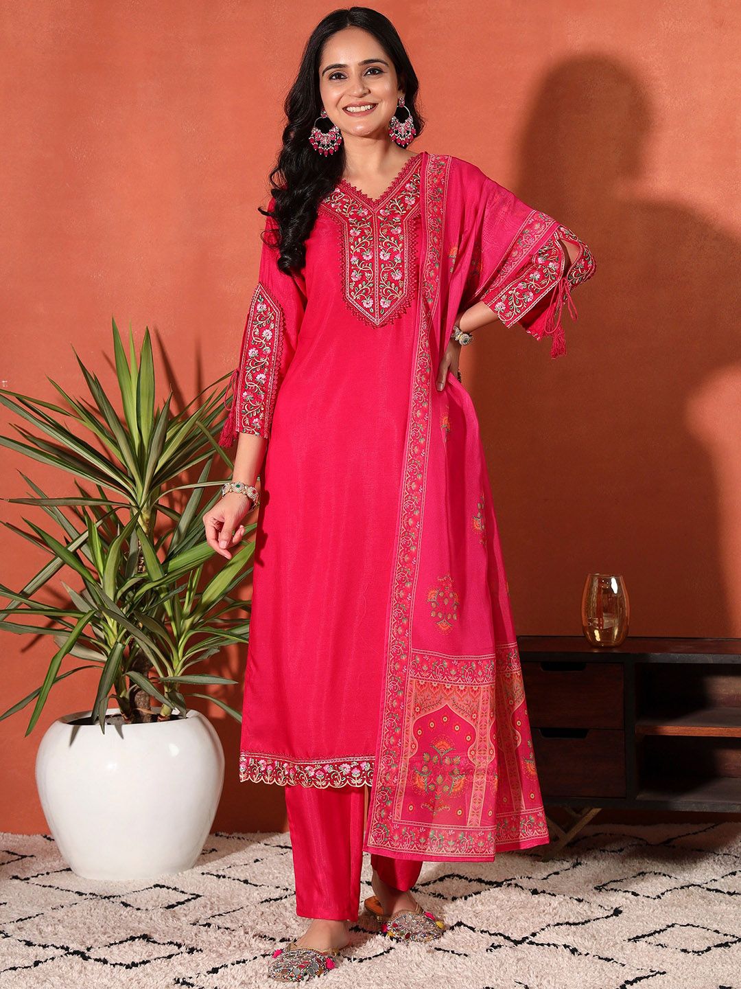 Sangria Embroidered Straight Kurta With Trouser & Dupatta
