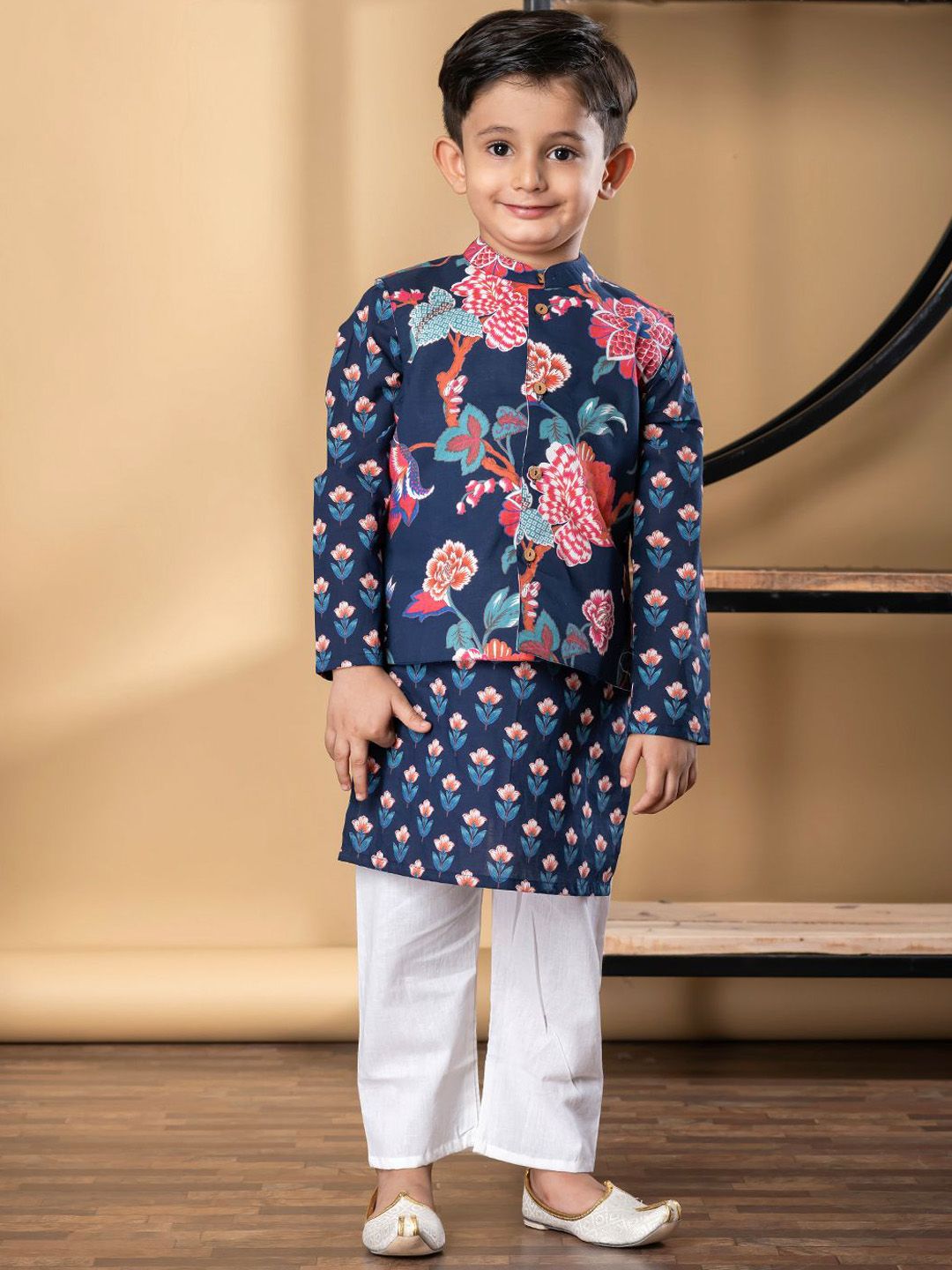 Readiprint Boys Floral Printed Cotton Kurta with Pyjama & Nehru Jacket-picture-17