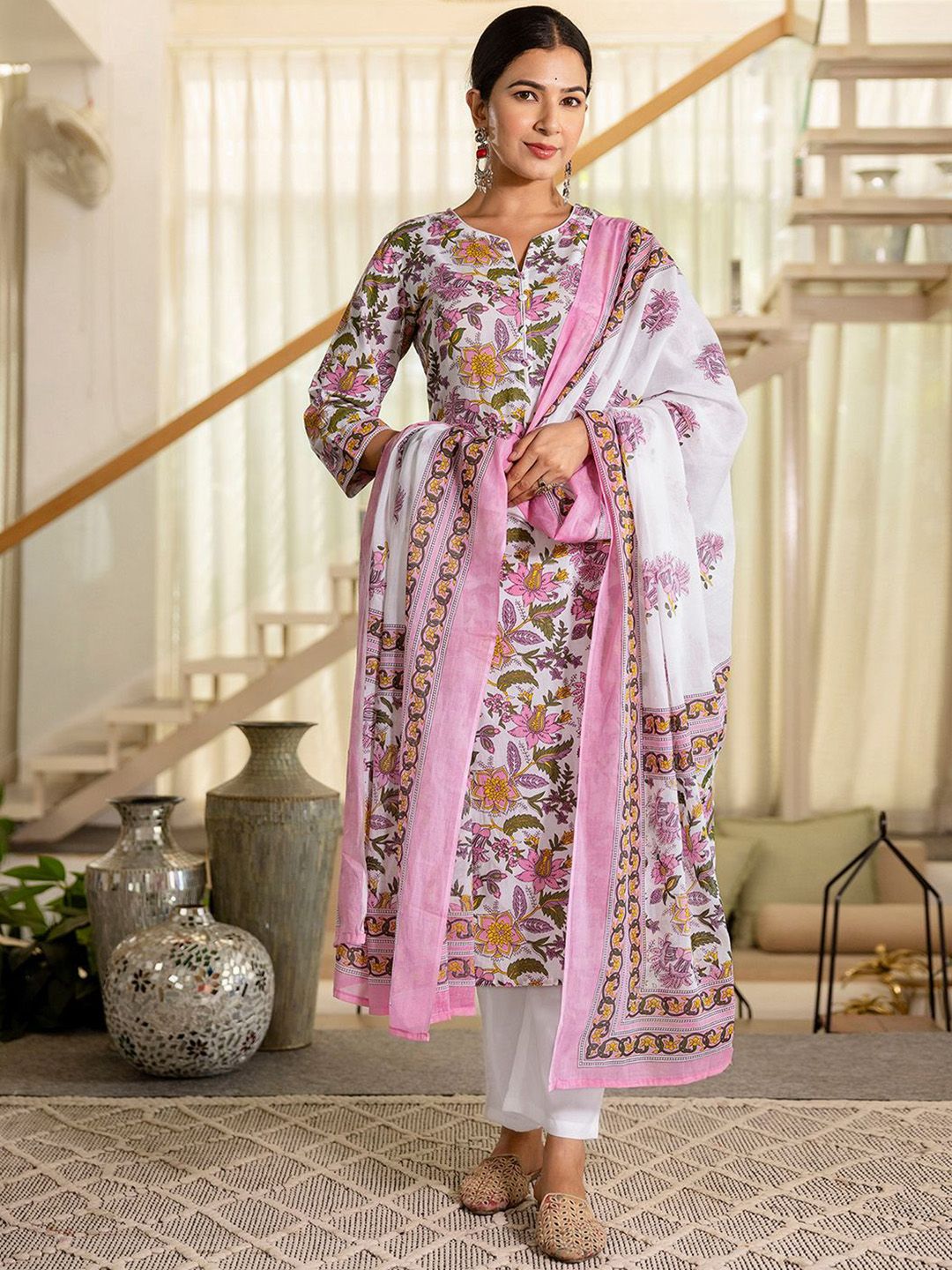 SKYLEE Floral Printed Notch Neck Straight Kurta With Trouser And Dupatta-picture-30
