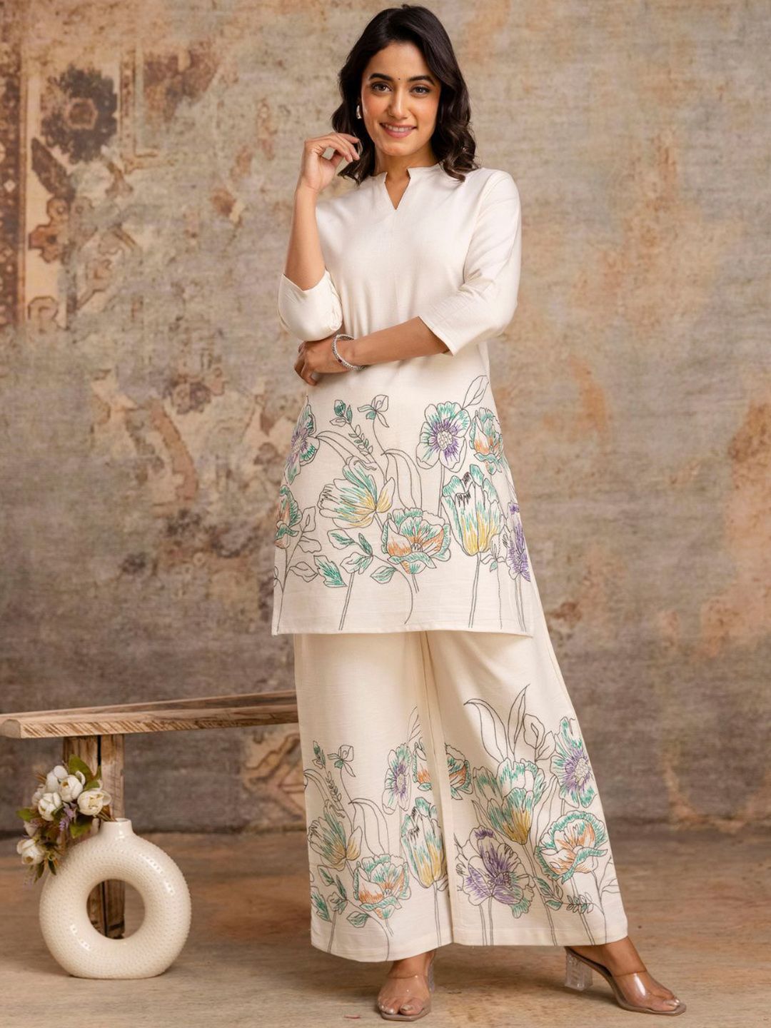 ETC Embroidered & Floral Printed Tunic & Palazzos Co-Ord Set