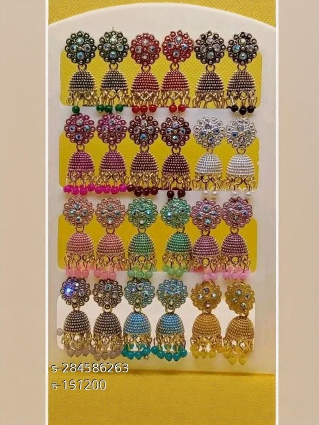 tulsi imitation Set Of 12 Artificial Stones Studded & Beaded Oxidised Dome Shaped Jhumkas-picture-16