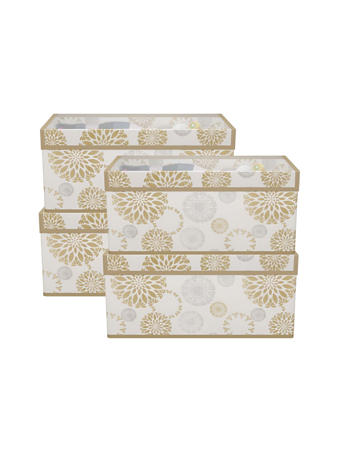 Aura White & Gold-Toned 4 Pieces Floral Printed Drawer Organiser With Transparent Lid-picture-25
