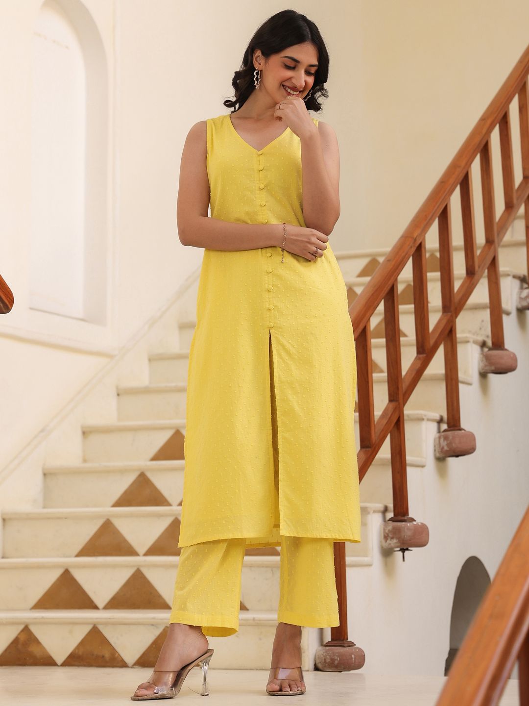 Janasya Women Yellow Dobby Pure Cotton Self Design Straight Kurta Pant Set