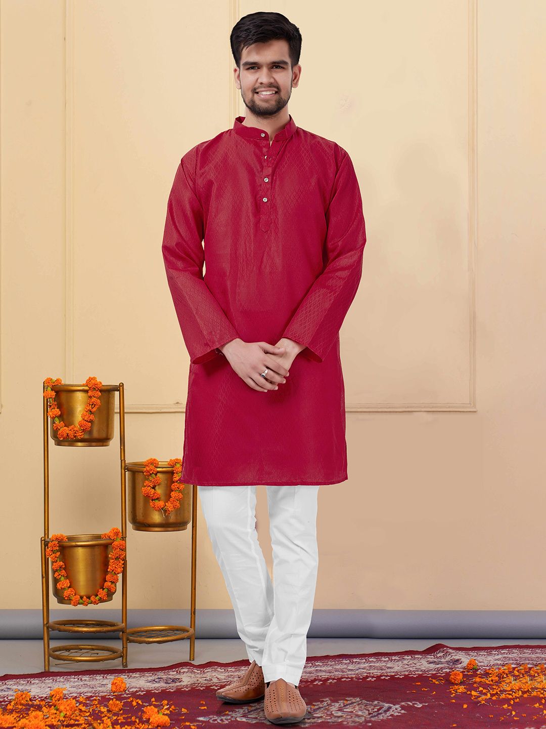 NEGRONI Geometric Woven Design Band Collar Pure Cotton Straight Kurta-picture-12