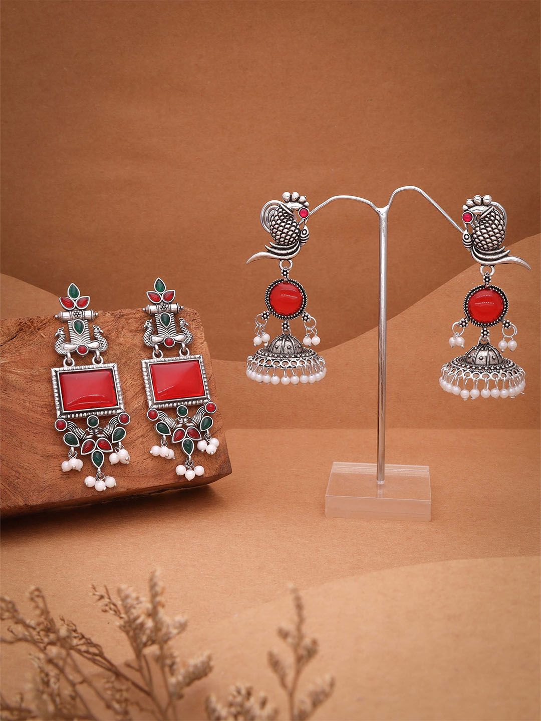 Anouk Set Of 2 Silver-Plated Oxidised Artificial Stones Studded Dome Shaped Jhumkas-picture-24