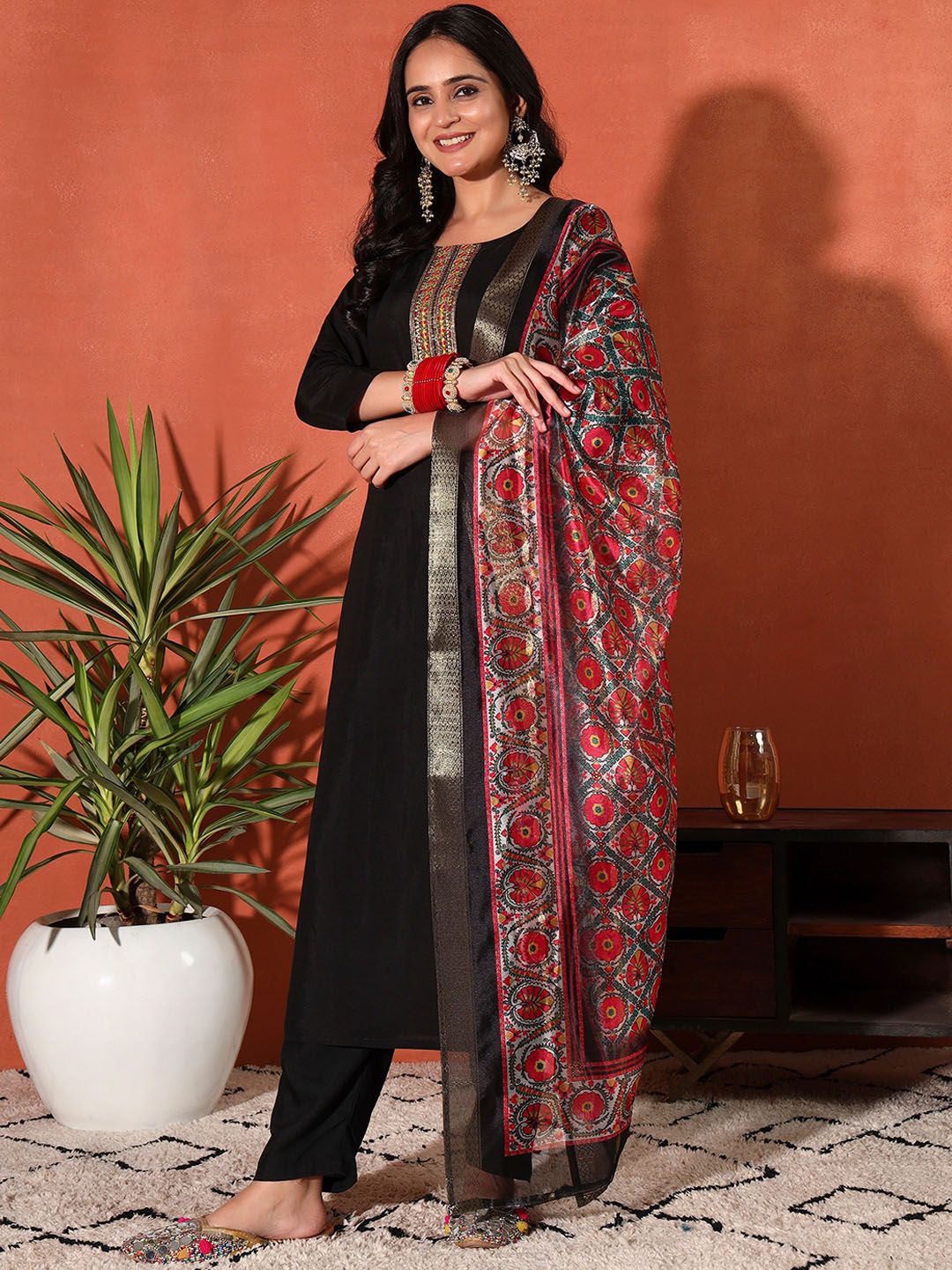 Sangria Sequin Women Embroidered Straight Ethnic Kurta & Trousers With Dupatta