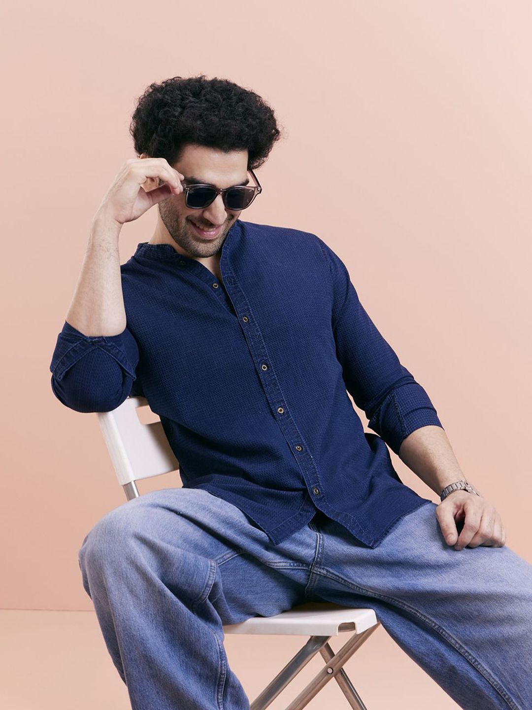 KISAH Geometric Self Design Spread Collar Casual Denim Shirt-picture-57